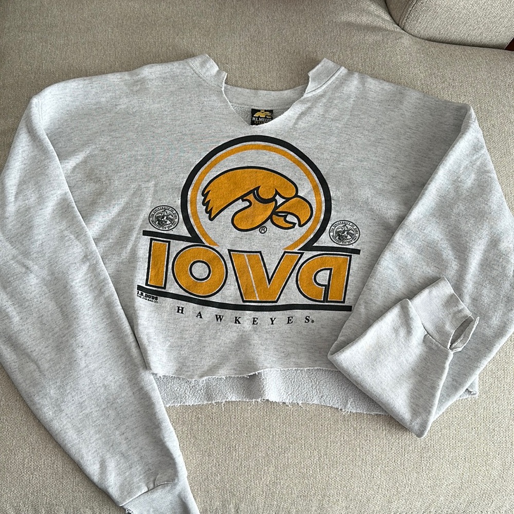 Vintage Iowa cropped crewneck. Light stain right chest area. XXL.